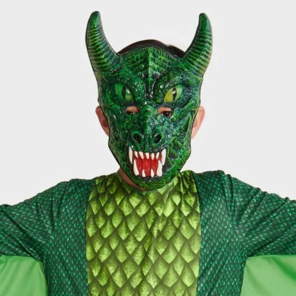 Dragon Green Emerald Blacklight Halloween Costume 6/7 Jumpsuit Wings & Mask Boys